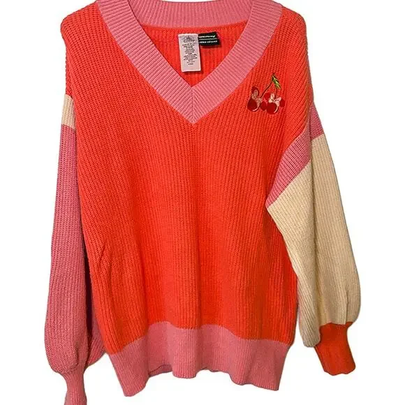 Disney Minnie Mouse Icon Cherries Color-Block Pink Sweater by Her Universe Small - Picture 2 of 6